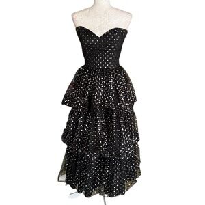 Loralie Vintage Black Metallic Silver Polka Dot Tulle Strapless Midi Dress - XS